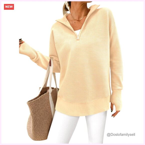 Sweaters - Long Sleeve Quarter Zip Pullover Sweater Ribbed Knit Thumb Hole Loose Fit